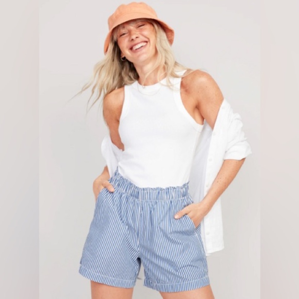 Old Navy women’s small high-waisted blue and white striped pull-on shorts.